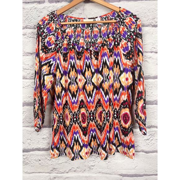 Chico's Womens L Boho‎ Peasant Artsy Maximalist Southwestern Ikat Tunic Blouse - Picture 3 of 12
